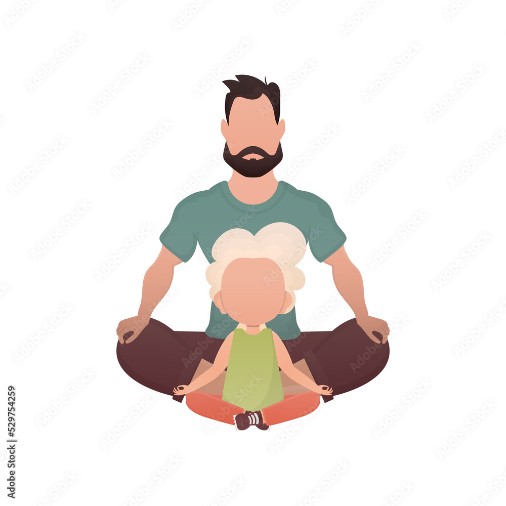 Dad and son are sitting and doing yoga.   Cartoon style.