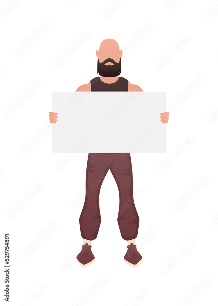 A man of athletic build stands in full growth and holds an empty banner in his hands. Cartoon style. A man of athletic build stands in full growth and holds an empty banner in his hands. Cartoon style.