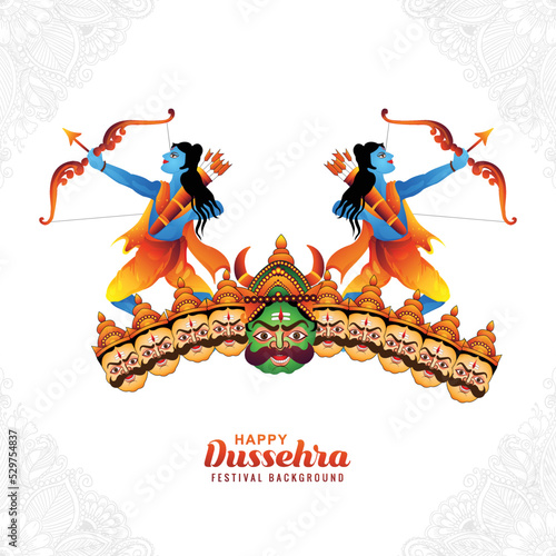 Lord rama with arrow killing ravana in happy dussehra holiday card background