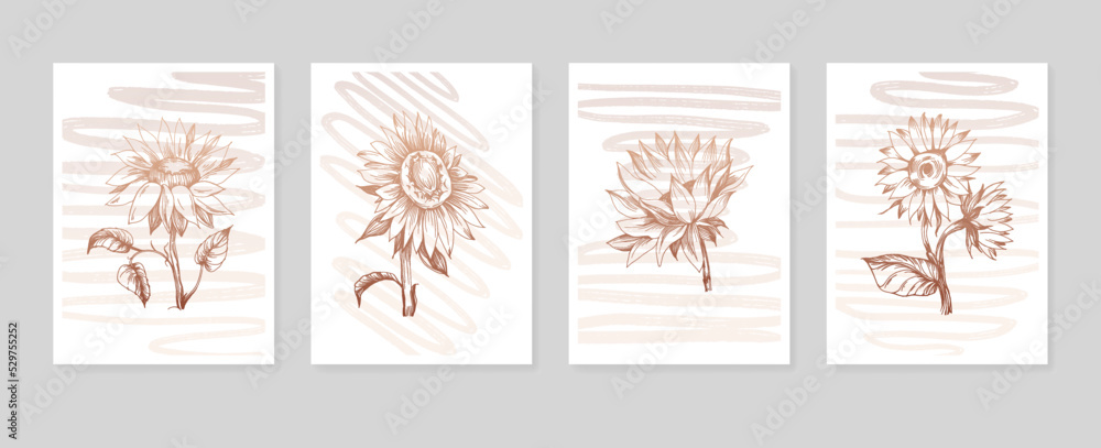 Set of Abstract Sunflower Hand Painted Illustrations for Wall Decoration, minimalist flower in sketch style. Postcard, Social Media Banner, Brochure Cover Design Background. Modern Abstract Painting. Set of Abstract Sunflower Hand Painted Illustrations for Wall Decoration, minimalist flower in sketch style. Postcard, Social Media Banner, Brochure Cover Design Background. Modern Abstract Painting.