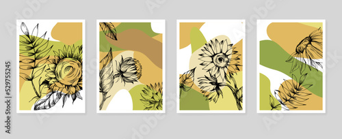 Set of Abstract Sunflower Hand Painted Illustrations for Wall Decoration, minimalist flower in sketch style. Postcard, Social Media Banner, Brochure Cover Design Background. Modern Abstract Painting.