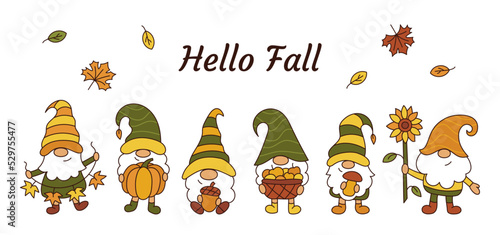 Hello fall. Cute autumn gnomes banner. Ideal for harvest season. Cartoon style. Vector illustration.