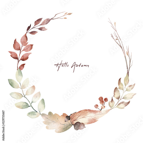 Watercolor hand drawn autumn wreath with illustration of colorful leaves of season trees  leaf fall  red berries  hawthorn  acorns  dry twigs. Composition with elements isolated on white background.
