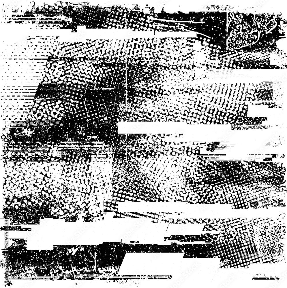 Obraz premium Glitch distorted geometric shape . Noise destroyed logo . Trendy defect error shapes . Glitched frame .Grunge textured . Distressed effect .Vector shapes with a halftone dots screen print texture.