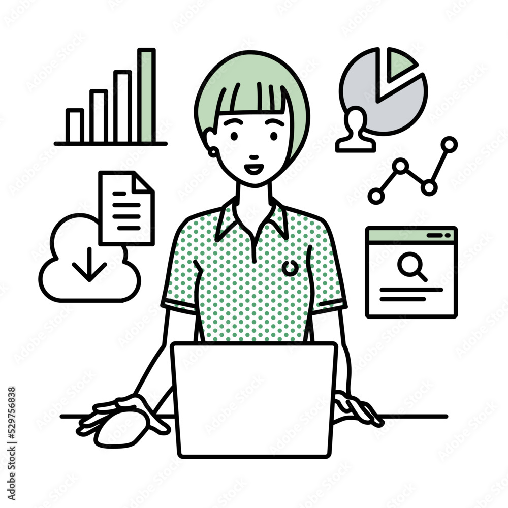 デスクで座ってPCを開いてリサーチしたりデータを分析してレポートにまとめているポロシャツの女性