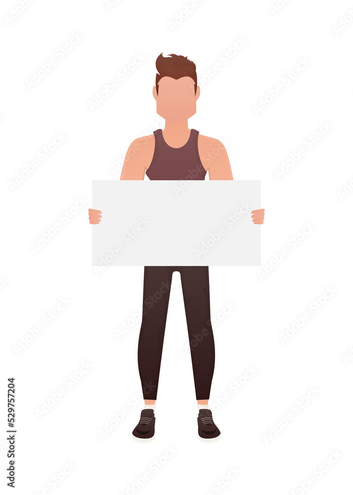 A man holds an empty banner in his hands. Cartoon style. A man holds an empty banner in his hands. Cartoon style.