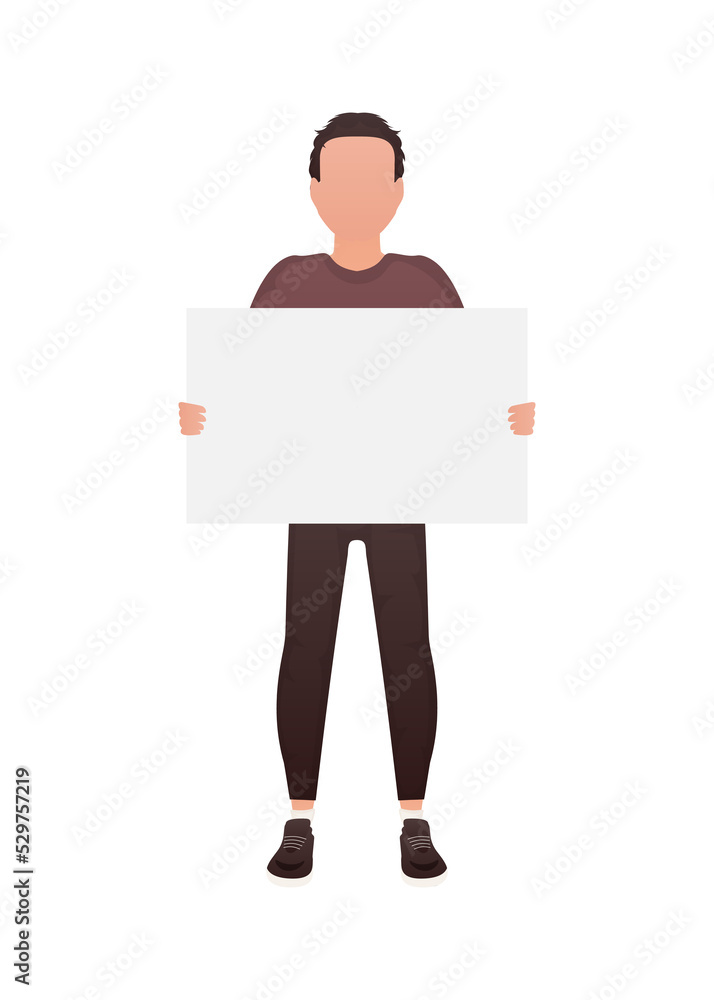 A man holds an empty tablet in his hands.   Cartoon style.