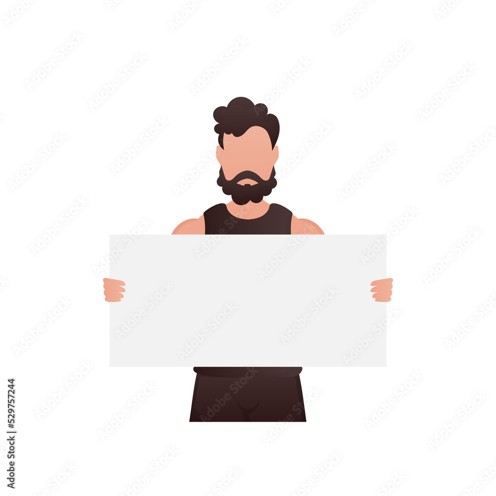 A young strong guy stands waist-deep and holds a blank sheet in his hands. Cartoon style. A young strong guy stands waist-deep and holds a blank sheet in his hands. Cartoon style.