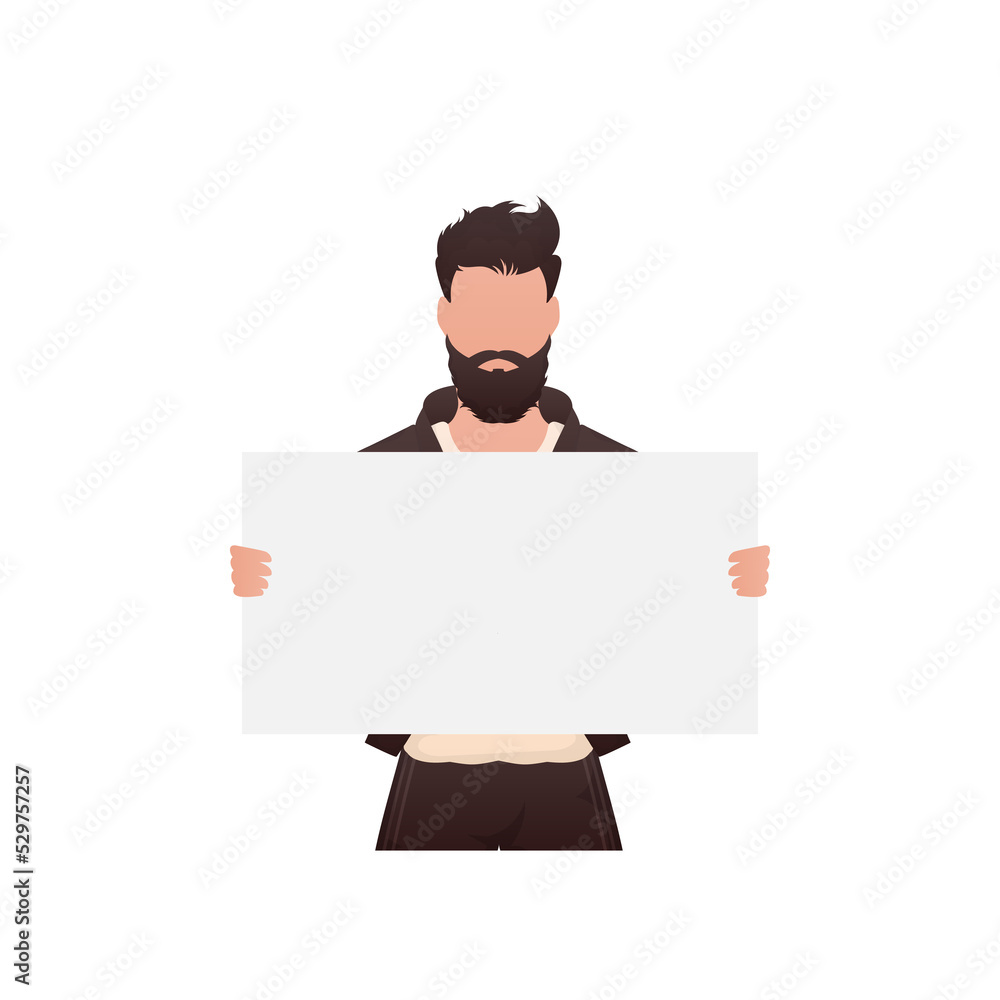 A young strong guy stands waist-deep and holds an empty banner in his hands. Cartoon style. A young strong guy stands waist-deep and holds an empty banner in his hands. Cartoon style.