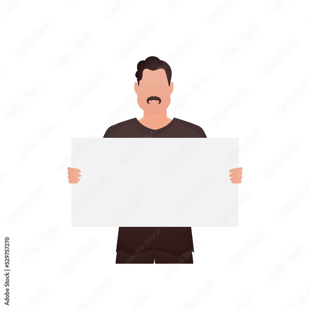 A young strong guy stands waist-deep and holds an empty sign in his hands. Cartoon style. A young strong guy stands waist-deep and holds an empty sign in his hands. Cartoon style.