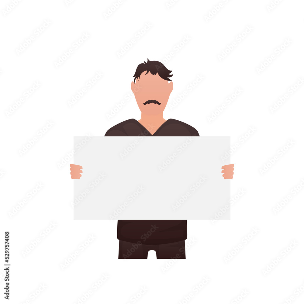 A man stands waist-deep and holds a blank sheet in his hands. Cartoon style. A man stands waist-deep and holds a blank sheet in his hands. Cartoon style.