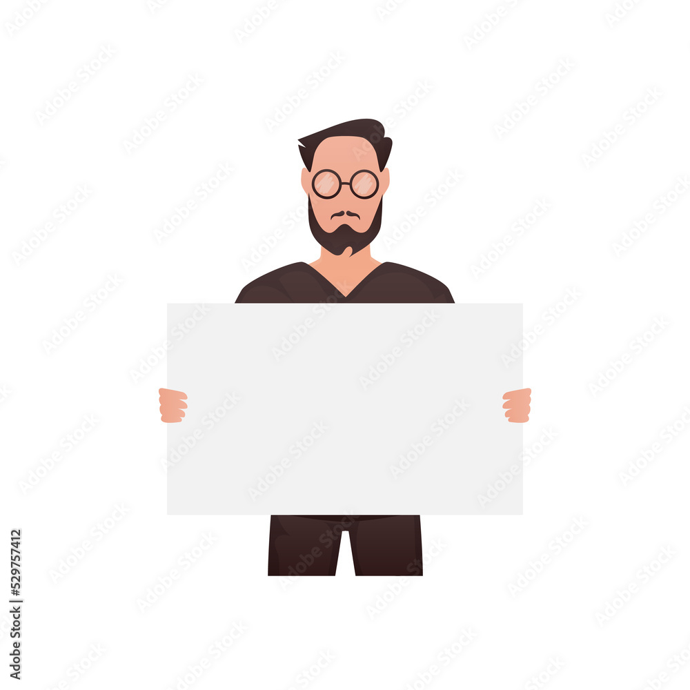 A man stands waist-deep and holds an empty space for advertising in his hands. Cartoon style. A man stands waist-deep and holds an empty space for advertising in his hands. Cartoon style.