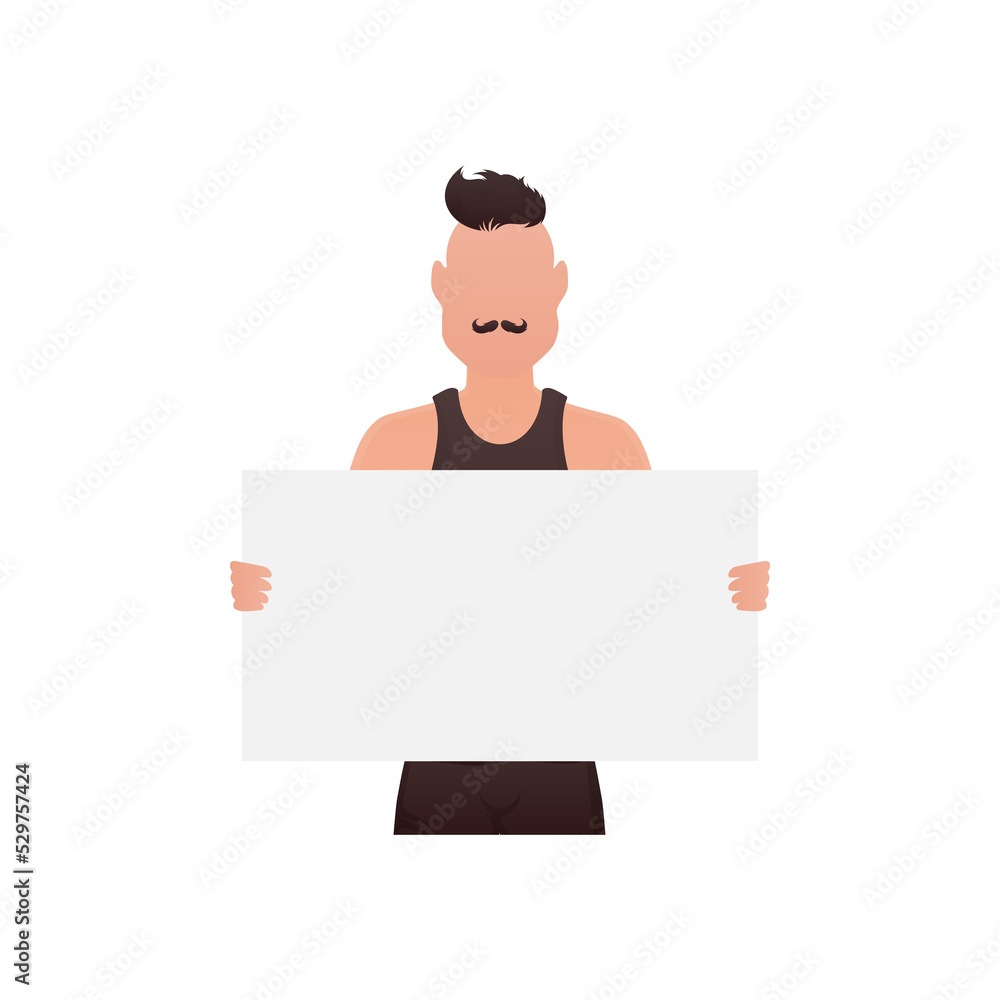 A man stands waist-deep and holds an empty banner in his hands. Cartoon style. A man stands waist-deep and holds an empty banner in his hands. Cartoon style.