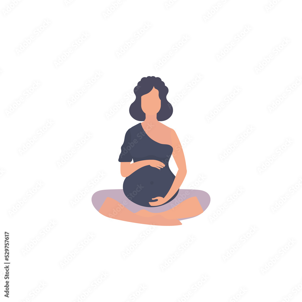 Pregnant woman is doing yoga. Active well built pregnant female character.   Flat  .