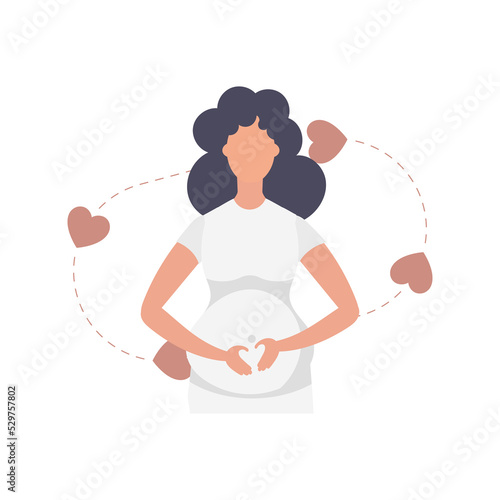 Pregnant girl lovingly holds her lower belly. .