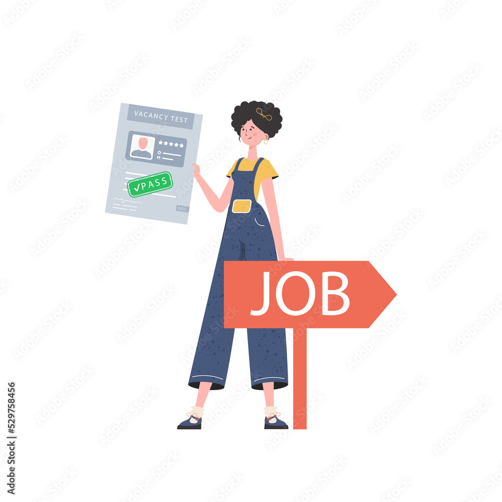 A woman holds in her hands a passed test for a vacancy. The concept of finding employees. in a flat style. A woman holds in her hands a passed test for a vacancy. The concept of finding employees. in a flat style.