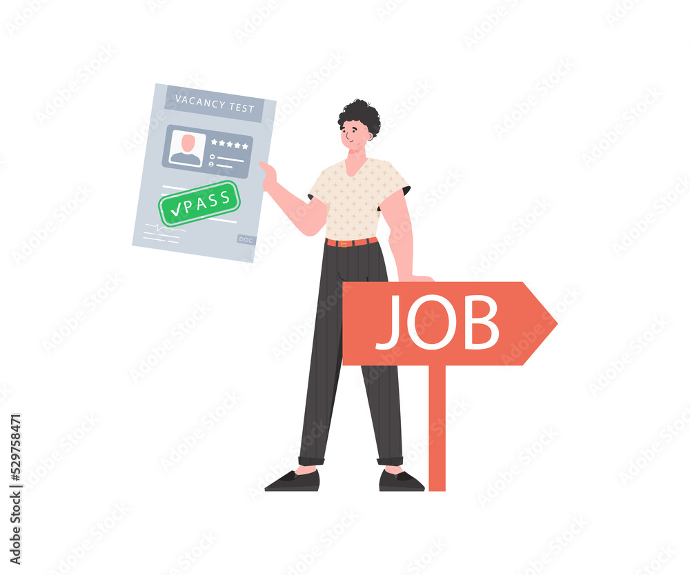 A man holds a passed test for a vacancy in his hands. Job search concept. Trend style, . A man holds a passed test for a vacancy in his hands. Job search concept. Trend style, .