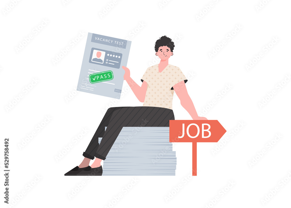The guy holds in his hands the passed test for a vacancy. Job search concept. Trend style, . The guy holds in his hands the passed test for a vacancy. Job search concept. Trend style, .