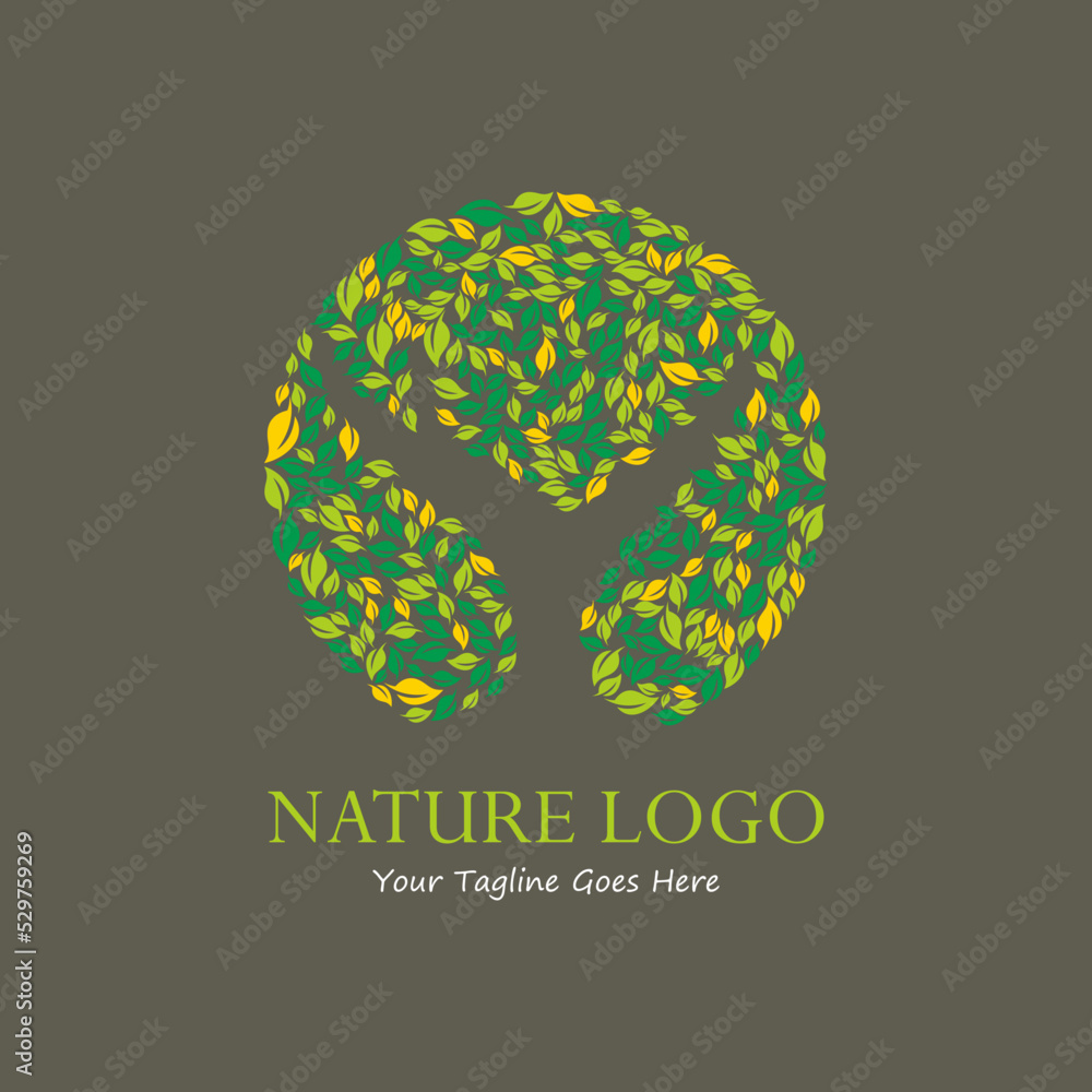 Rounded green leaves with tree inside for nature logo. Rounded green leaves with tree inside for nature logo.