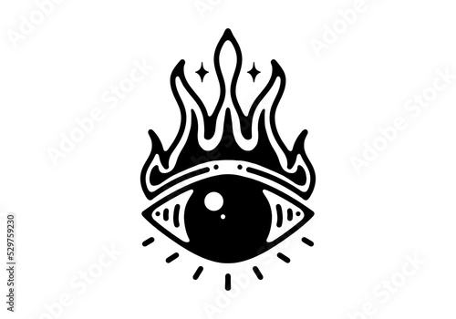One eye and fire flame Black and white line art mono line tattoo