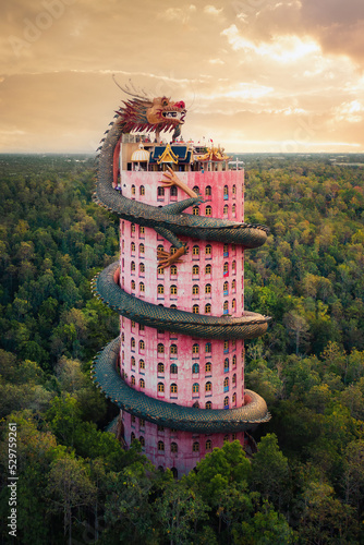 Slika na platnu Aerial view of Wat Samphran or Chinese Dragon Temple in Sam Phran District in Nakhon Pathom province near Bangkok Urban City, Thailand