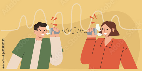 Two people discussing something using tin can telephone. Friends talking through a tin phone Communication concept. Vector cartoon style illustration.