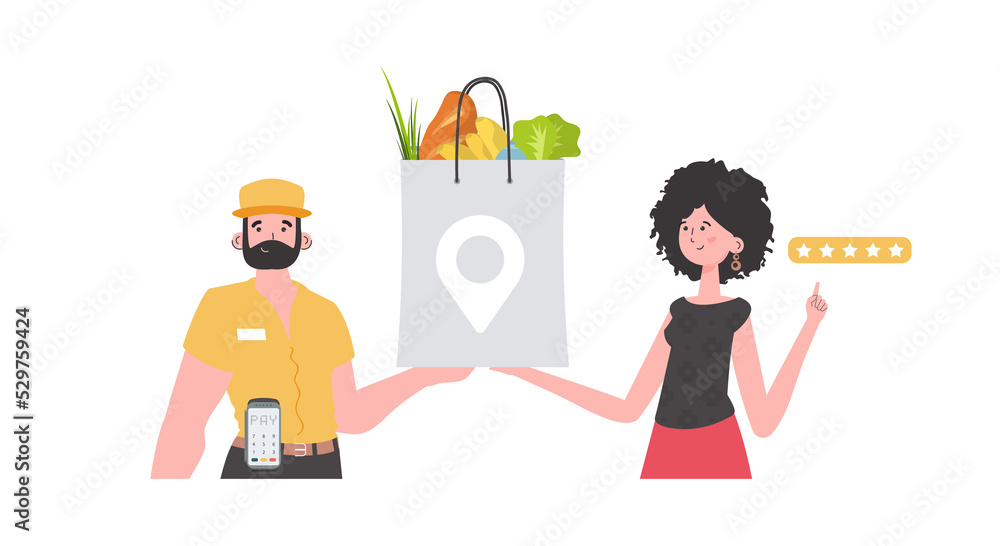 A male courier delivers a package of products. Home products. Food delivery. Trendy flat style. A male courier delivers a package of products. Home products. Food delivery. Trendy flat style.