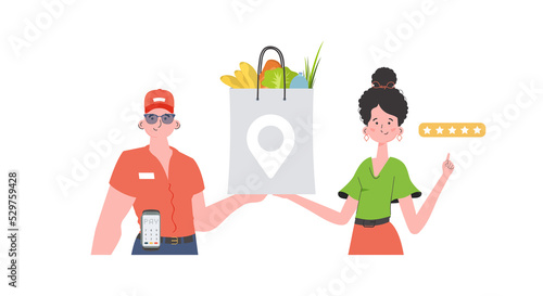 A male courier delivers a package of products. Home products. Food delivery.   Cartoon style.