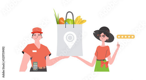 A male courier holds a package with groceries. Home products. Food delivery. Cartoon style.