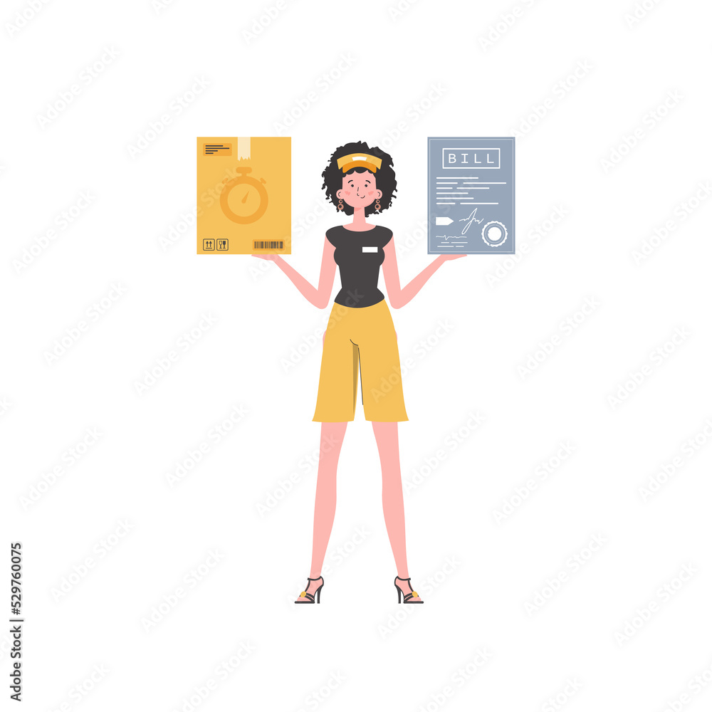 Fototapeta premium A woman courier is holding a parcel and a check. Home delivery concept. Cartoon style.