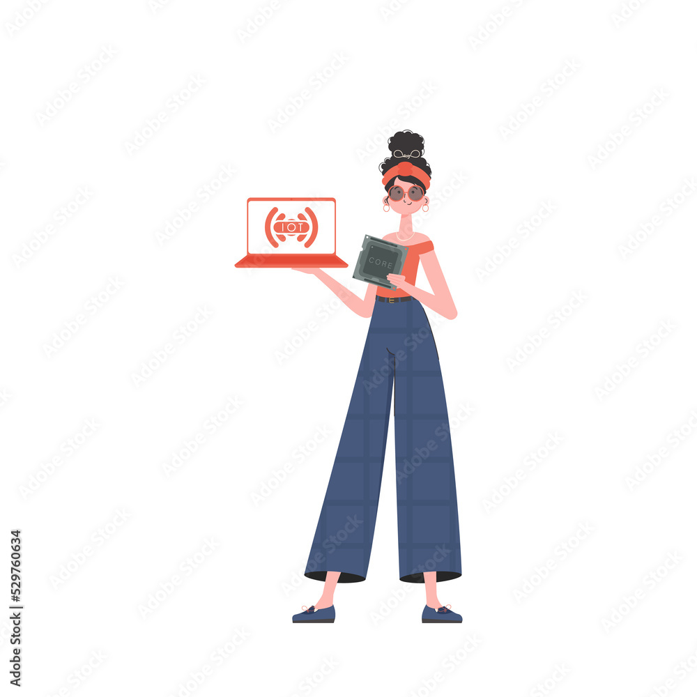 A woman holds a laptop and a processor chip in her hands. Internet of things concept.     in trendy flat style.
