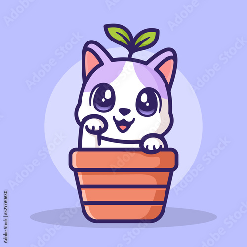 Cute cat on the pot cute illustration.