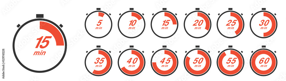 Vector stopwatch icons set 10, 15, 20, 30, 40, 45, 50, 55, 60 minutes. Stopwatch icon in flat style, Vector stopwatch icons set 10, 15, 20, 30, 40, 45, 50, 55, 60 minutes. Stopwatch icon in flat style,