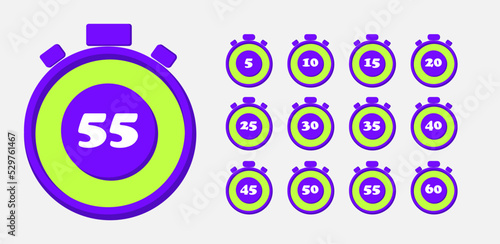 Vector stopwatch icons set 10, 15, 20, 30, 40, 45, 50, 55, 60 minutes. Stopwatch icon in flat style, timer on a colored background. Vector illustration