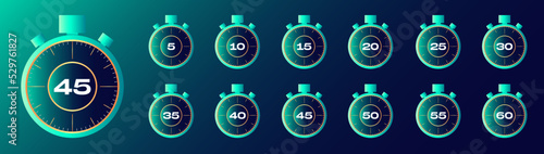 Timer icon. Stopwatch with second and minute. Clock for time, countdown and stop. Watch with sec from 5 to 60. Chronometer for speed, sport and cooking. Set of graphic symbols. Vector.