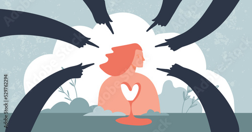Bullying concept banner. Scared teen girl and hands pointing at her, cyberbullying, teenage trauma, social rejection. Vector flat cartoon illustration, psychological support.