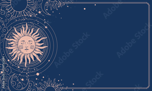 Magic astrology yoga boho banner with copy space. Sun with stars on a blue vintage background, space for text. Vector celestial illustration for tarot, zodiac, esoteric.