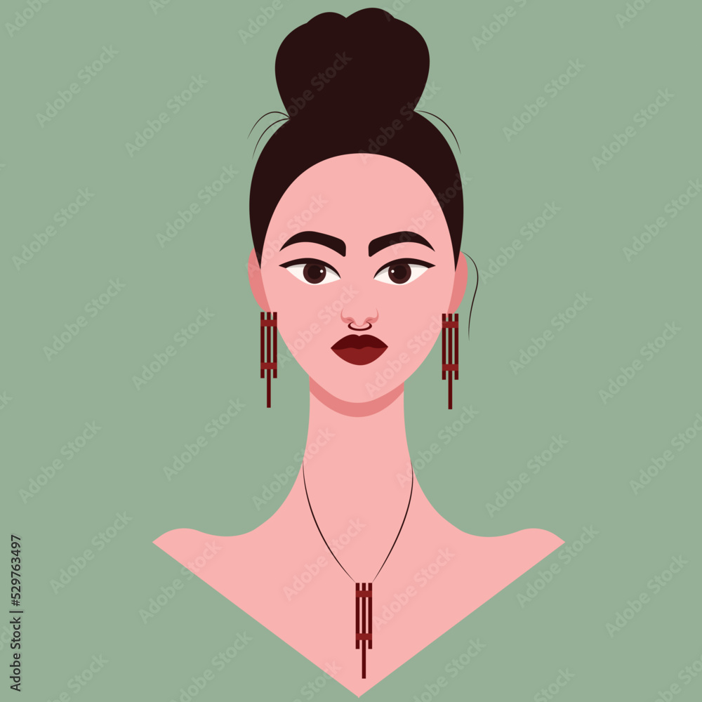 Portrait of a beautiful woman with jewelry. Vector illustration in flat style.