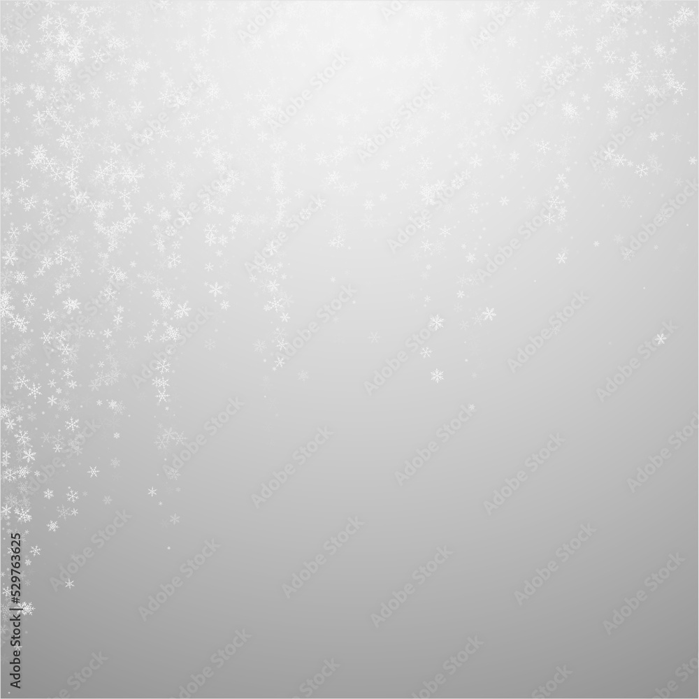 Christmas falling snow background. Subtle flying snow flakes and stars. Festive winter silver snowflake overlay template. Vector illustration Christmas falling snow background. Subtle flying snow flakes and stars. Festive winter silver snowflake overlay template. Vector illustration
