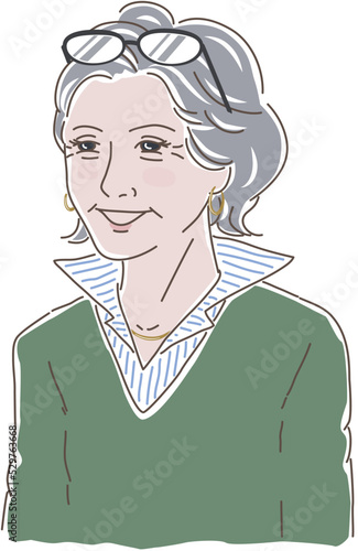 頭にメガネをのせたシニア女性のイラスト