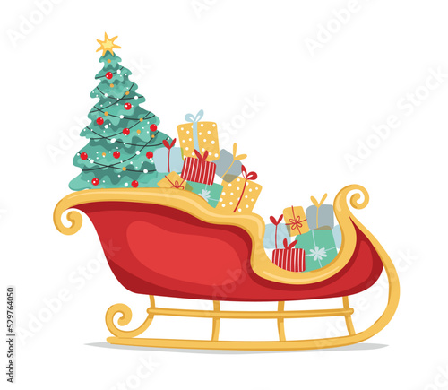 Santa s sleigh with lots of presents and decorated Christmas tree. Festive design element, Merry Christmas and Happy New Year Clip art. Vector illustration isolated on white background.