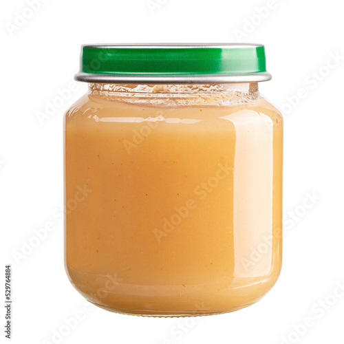 Jar with yummy baby food isolated on white background. Baby puree.