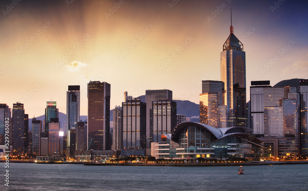 Hong Kong skyline from kowloon, panorama at sunrise, China - Asia