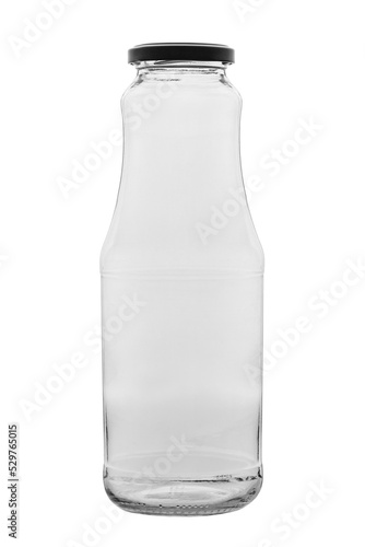 Empty juice glass bottle isolated on white background.