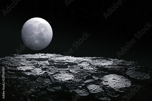 Asteroid in space with moon in background photo