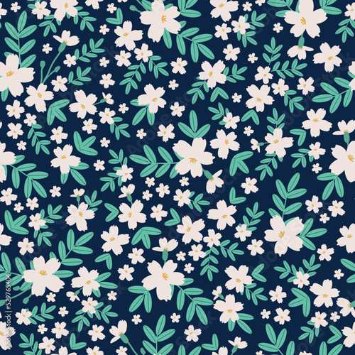 Simple vintage pattern. white flowers and green leaves . dark blue background. Fashionable print for textiles and wallpaper.