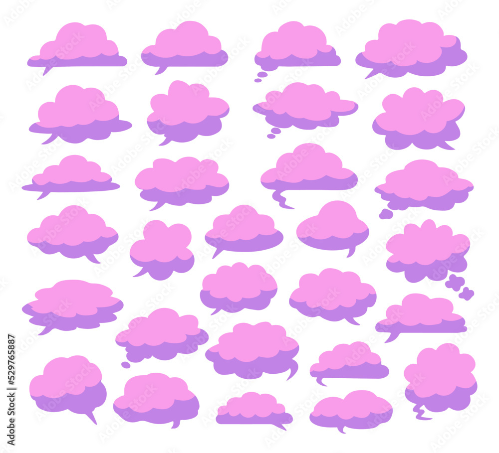 Different shape cartoon pink clouds on white background. Vector decoration element. Chat Bubble Cloudly sign atmosphere climate nature shape element Different shape cartoon pink clouds on white background. Vector decoration element. Chat Bubble Cloudly sign atmosphere climate nature shape element