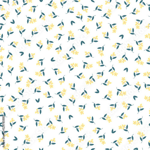 Simple vintage pattern. small yellow flowers  green leaves . white background. Fashionable print for textiles and wallpaper.