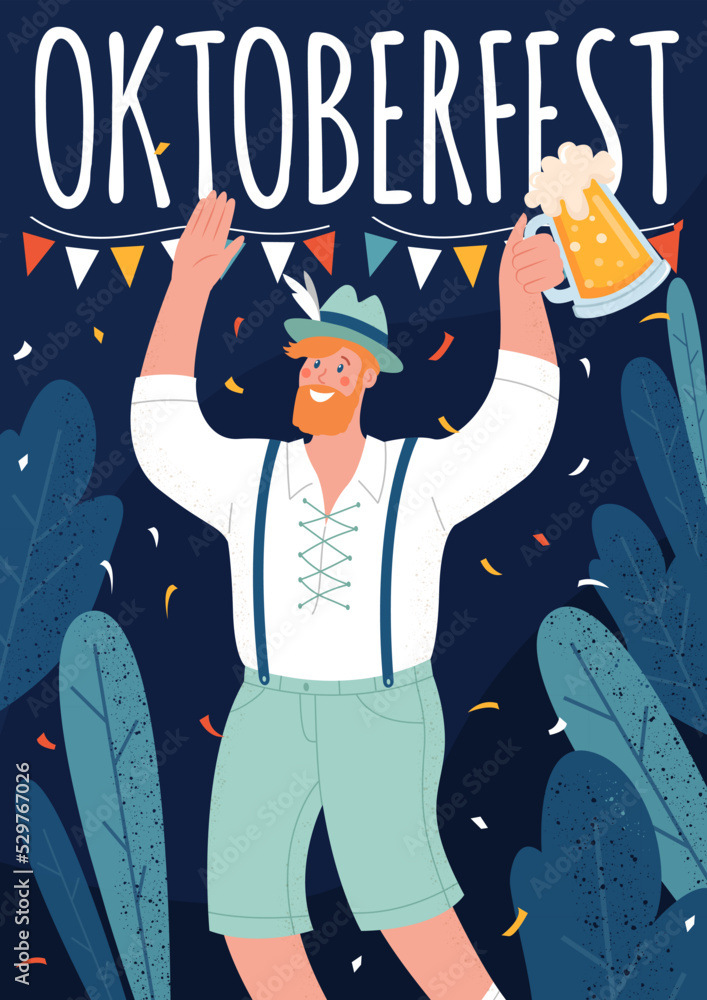 Oktoberfest poster. Beer Festival. A man holds a mug of beer. Vector flat illustration with lettering and autumn leaves. Oktoberfest poster. Beer Festival. A man holds a mug of beer. Vector flat illustration with lettering and autumn leaves.