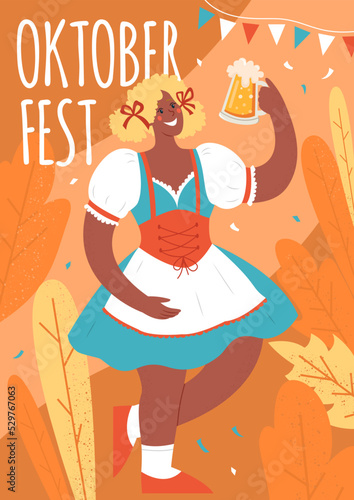 Oktoberfest poster. Beer festival. A woman in a national German costume holds a mug of beer. Vector hand drawn illustration with lettering and autumn leaves.